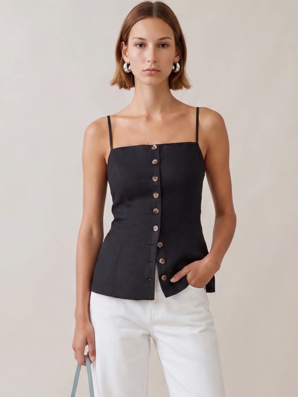 Black Button-Front Spaghetti Strap Top